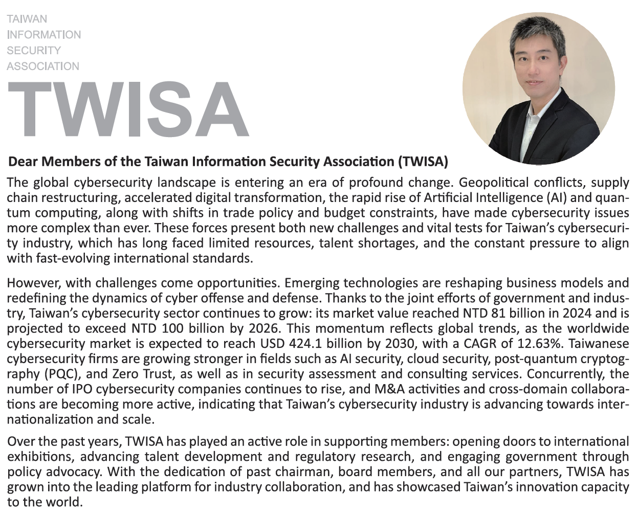Letter from the Chairman of TWISA, page 1, with portrait of the Chairman